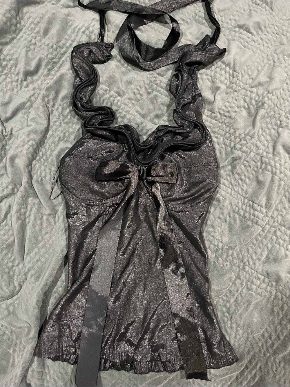 Shimmery Black Halter Bandeau with Ruffle Neckline